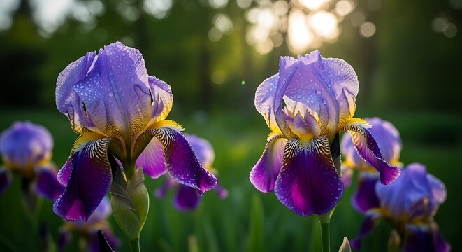 Close up of two purple irises in a garden at sunset.