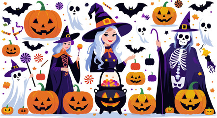 Whimsical Halloween Celebration with Witches, Pumpkins, and Spooky Fun A Colorful Cartoon Illustration of Halloween Traditions