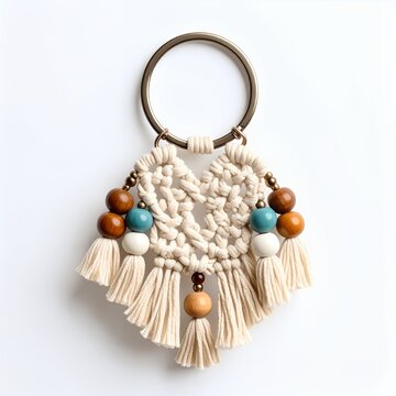 Handcrafted macrame keychain with ornate wooden beads bohemian style embellishment on white background