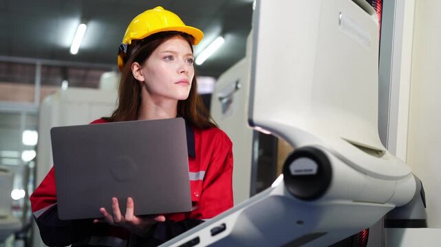 Precision Engineering: A female engineer in a yellow hard hat and red work attire inspects a robotic arm while holding a laptop, showcasing modern industrial technology and innovation.