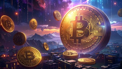 Golden Bitcoin coins levitate amidst a futuristic cityscape