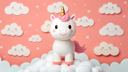 Cute Cartoon Unicorn on Pink Clouds with Smiling Clouds fantasy mythical