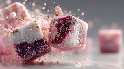 Abstract geometric blocks dynamically disintegrating with soft pink hues artistically arranged on white background