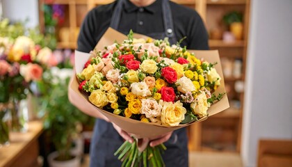 A person holds a vibrant bouquet of mixed flowers