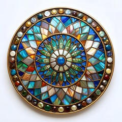 Obraz premium Intricate stained glass rosette artwork with gem embellishments, decorative piece on white background
