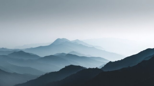 Minimalist mountain landscape silhouette in soft gray tones, misty gradient sky, large negative space, poetic and tranquil composition for travel quotes, 16:9