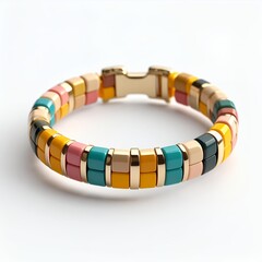 Vibrant square bead bracelet with golden accents, stylish and colorful adornment on white background