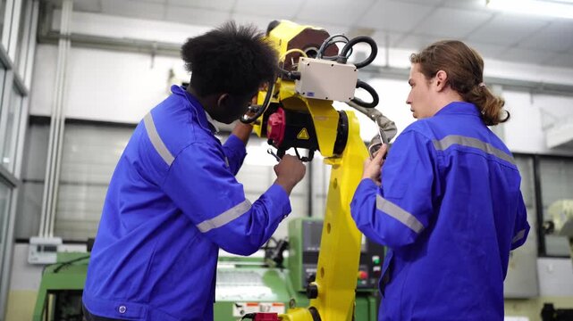 Technicians working with robotic arm