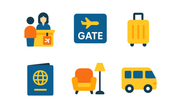 Airport services icons set for travel design and planning