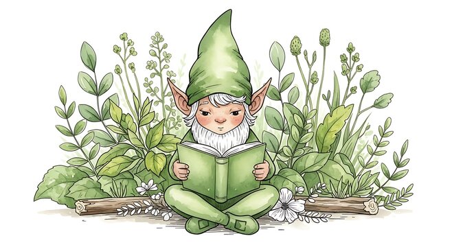 Cute gnome reading book in the garden.