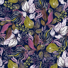 Dark watercolor seamless hand painted autumn floral pattern