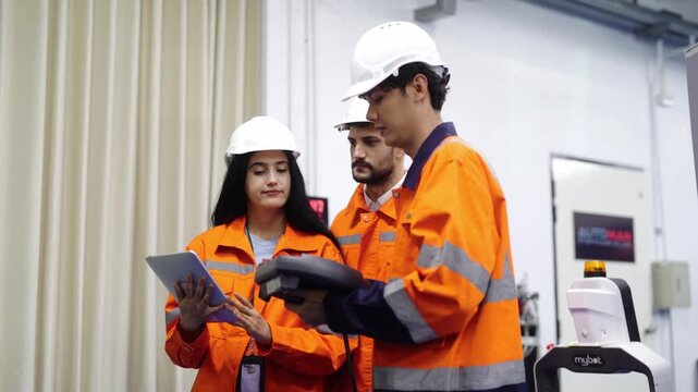 Teamwork on the Factory Floor: A diverse group of industrial workers, clad in hard hats and high-visibility vests, collaborates using a tablet and barcode scanner.