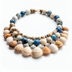 Obraz premium Handcrafted seashell necklace with blue and white stone beads arrangement on white background
