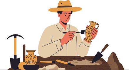 Professional archaeologist meticulously excavating ancient history, carefully cleaning a precious vase artifact at a discovery site