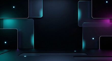 Illustration of futuristic dark background with glowing teal and magenta geometric shapes and lights