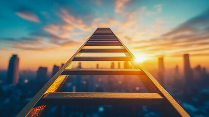 The staircase stretches into the distance and disappears against the sky, framed by city buildings bathed in the soft light of the setting sun. It is a staircase that symbolizes a journey 