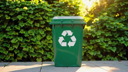 Multiple views of a green recycling bin with a white recycling symbol, placed against a backdrop of lush green ivy, highlight the importance of waste management and environmental sustainability - Powered by Adobe