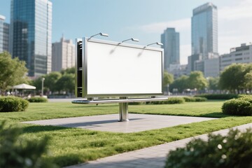 Fototapeta premium In a vibrant and bustling city park, a large blank billboard stands clearly visible amidst modern skyscrapers