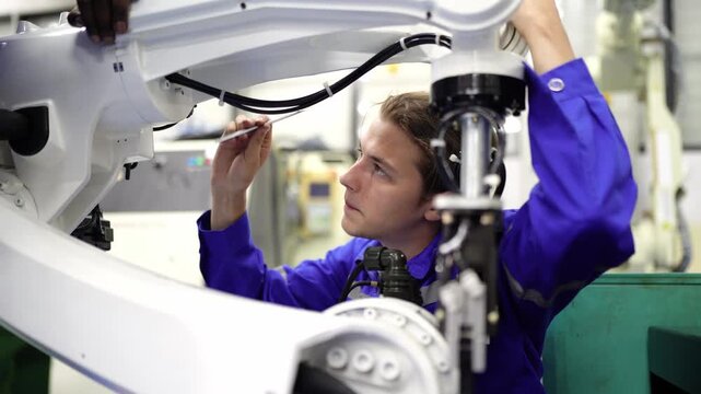 Robotic Arm Maintenance: A focused engineer in blue overalls meticulously works on a complex robotic arm, ensuring precision and functionality in a modern industrial setting.