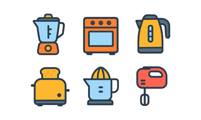 Modern kitchen appliance icons set: blender, oven, kettle, toaster, juicer, mixer - perfect for design projects