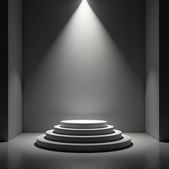 Obraz premium A spotlight illuminates a minimalist, tiered white podium in a dark, empty room, creating a dramatic, focused atmosphere.