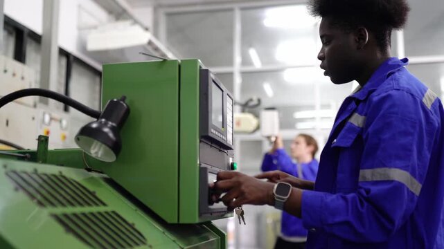 Technical Training in Progress: A focused young technician, dressed in a blue uniform, operates complex machinery in a modern workshop.