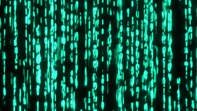 Glowing turquoise code cascading down a dark screen