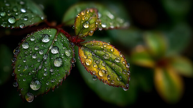 Close-up macro photography of sparkling dew drops and tiny bubbles on a lush green leaf