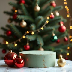 Festive scene with a Christmas tree adorned with red and gold ornaments in the background. Foreground shows a green pedestal and baubles, evoking holiday cheer.