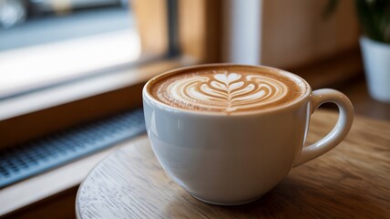 A closeup of a white cup of cappuccino with latte art on a wooden table near a window