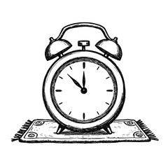 Vintage alarm clock sketch on a rug, timeless decor concept