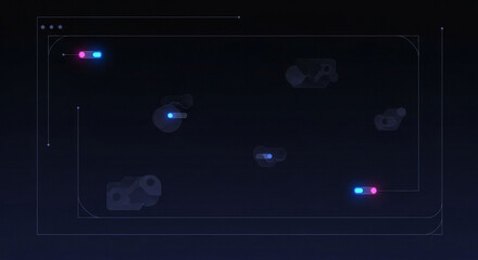 Illustration of digital interface with abstract icons and glowing neon lights on a dark background