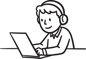 Simple Line Art Illustration of a Boy with Headphones Studying on a Laptop