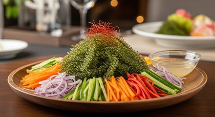 Colorful Seaweed Salad with Vegetables and Dressing.