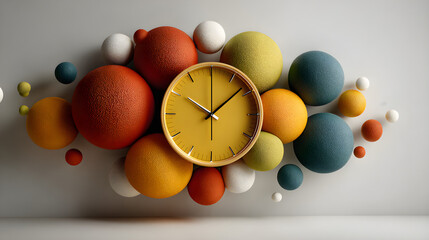 Abstract colorful spheres arranged around a minimalist clock face design against a crisp white background