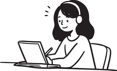 Hand-Drawn Doodle of a Girl with Headphones Working on a Creative Tablet