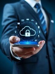 Businessman holding smartphone with cloud technology and data protection concept