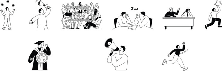 Minimalist Black and White Character Illustration Set Eight Modern Line Art Scenes Vecto