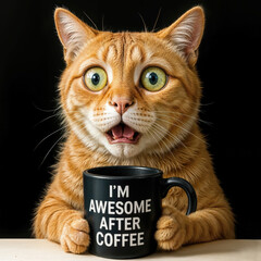 A black coffee mug with a humorous message accompanies a surprised expression on an orange ginger cat's face 