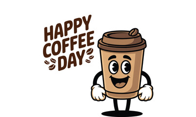Joyful cartoon coffee cup celebrating happy coffee day with a smile and playful design