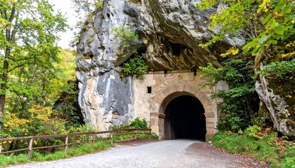 Rocky tunnel through a forest