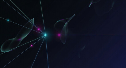 Illustration of abstract swirling shapes and light beams emanating from a central point in a dark void