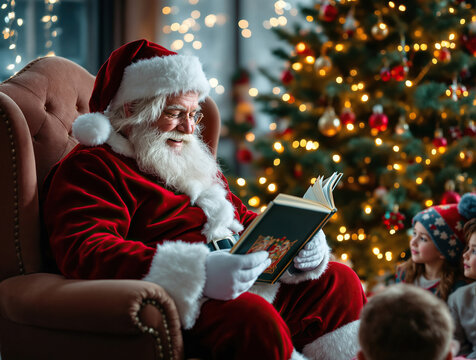 Santa Claus reading a book to children by a Christmas tree