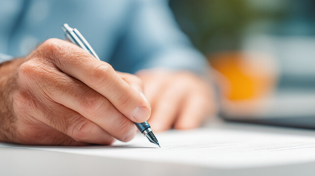 A formal contract signing with a hand placing a fountain pen on a document, representing legal authorization, commitment, and professional agreement.
