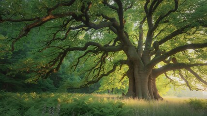 Fototapeta premium Majestic ancient oak tree with lush green leaves in a sunlit forest clearing