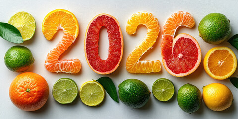 Colorful citrus fruits and leaves forming number 2026 on white background, celebrating Christmas and New Year with healthy and vibrant design