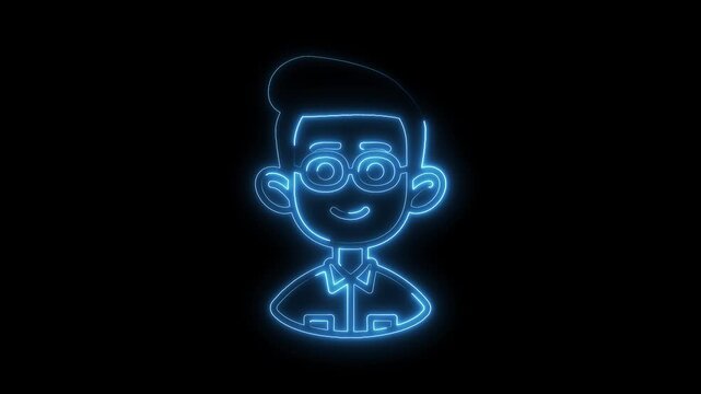 Neon cartoon boy with glasses animated outline on black background for creative projects