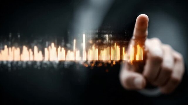 Digitial touch of futuristic progress : A close-up shot of a person's hand interacting with a glowing digital interface, depicting the fusion of human touch with advanced technology.