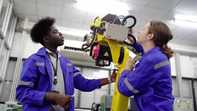 Engineers Working with Robotic Arm: Two female engineers in blue jumpsuits examine and operate a sophisticated yellow robotic arm in a modern industrial setting.