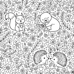 Whimsical forest animals line art, ready for coloring page